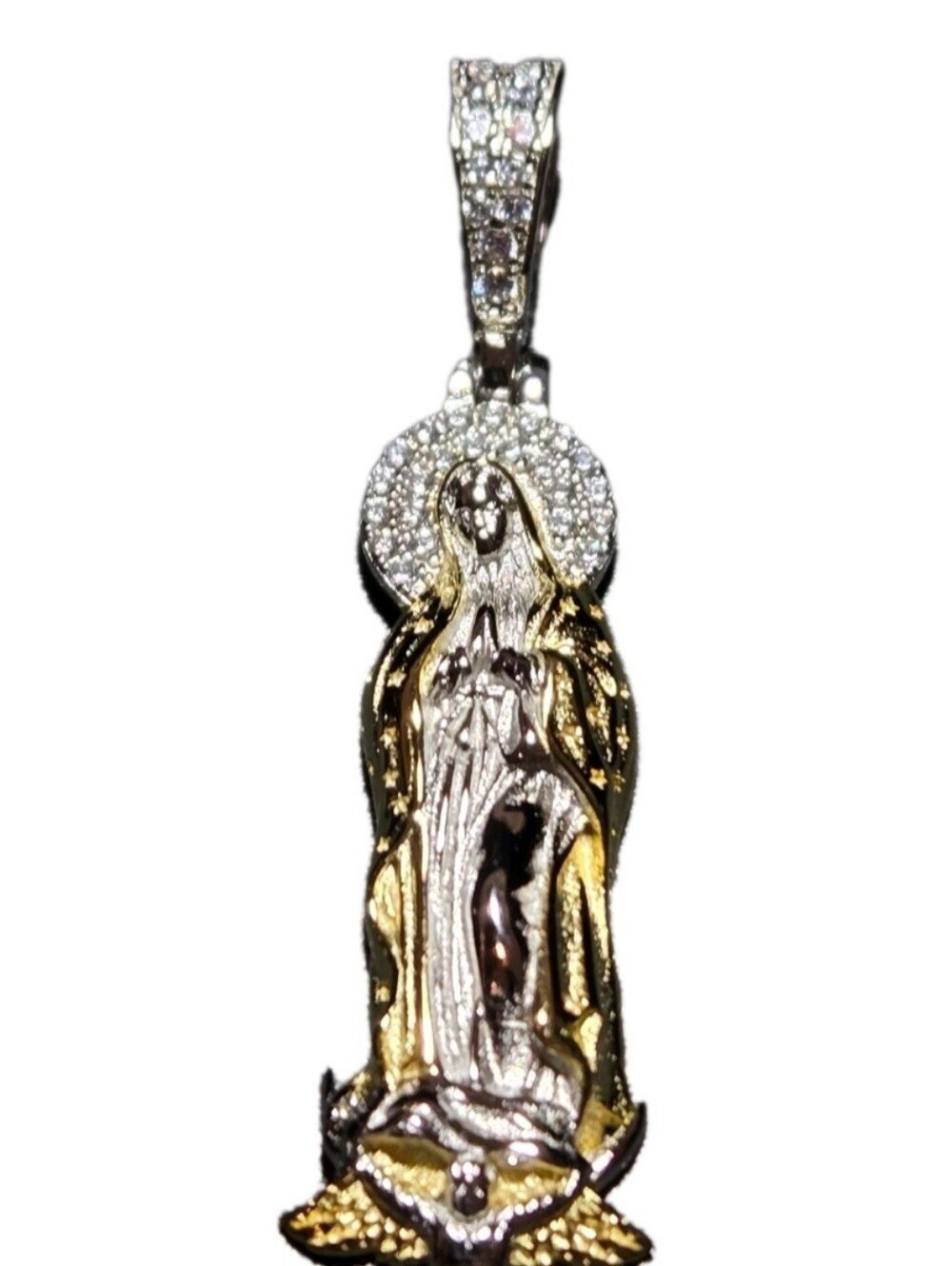 14k Gold Vermeil MOISSANITE Virgin Mary Pendant Over 925 Silver NEW - Picture 3 of 10